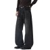 Distressed Dark Gray Straight Leg Loose Creased Catwhisker Casual Jeans