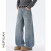 Distressed Dark Gray Straight Leg Loose Creased Catwhisker Casual Jeans