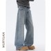 Distressed Dark Gray Straight Leg Loose Creased Catwhisker Casual Jeans