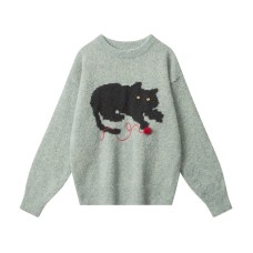 Casual Crewneck Knitwear Pattern Loose Vintage Round Neck