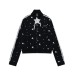 Star printed stand up collar short zipper cardigan for women