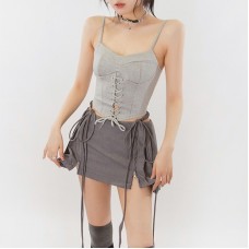 Short Skirt Summer High Waist Pleated Skirt Slimming Zipper Slit Retro Tie-Up Midi Skirt Women's Sexy Half Skirt