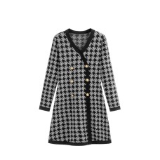 V-neck long sleeved high waisted A-line dress