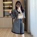 V-neck long sleeved high waisted A-line dress