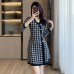 V-neck long sleeved high waisted A-line dress