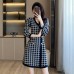 V-neck long sleeved high waisted A-line dress