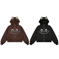 Cartoon monster embroidered fur collar hooded sweatshirt jacket