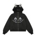 Cartoon monster embroidered fur collar hooded sweatshirt jacket