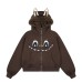 Cartoon monster embroidered fur collar hooded sweatshirt jacket