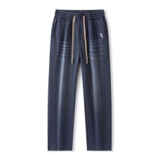 Stitched Faded Casual Pants Men's Straight Leg Mid-Waist 