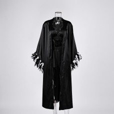 Fashionable Spring/Summer Black Satin Robe with Tie Closure Camisole Shorts Set, Feathered Women's Loungewear Fashionable Spring/Summer Black Satin Robe with Tie Closure Camisole Shorts Set, Feathered Women's Loungewear