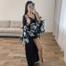 Fashionable Spring/Summer  Black Satin Robe with Tie Closure Camisole Shorts Set, Feathered Women's Loungewear