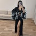 Fashionable Spring/Summer  Black Satin Robe with Tie Closure Camisole Shorts Set, Feathered Women's Loungewear