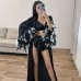 Fashionable Spring/Summer  Black Satin Robe with Tie Closure Camisole Shorts Set, Feathered Women's Loungewear