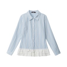 Checkered Slim Fit Long Sleeve Shirt for Shoulder Line Lace Trim Checkered Slim Fit Long Sleeve Shirt for Shoulder Line Lace Trim