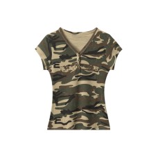 Camouflage Short Sleeve T-Shirt Women's Fitted Shoulder Design V-Neck