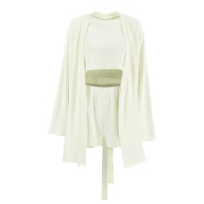 Knitted Waffle Sleepwear Set for WomenThree-Piece Open Front Robe with Short Sleeve and Shorts, Casual Home Wear