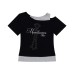 Retro Fake Two piece Hot Diamond Off Shoulder Short sleeved T-shirt