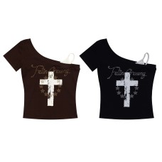 Fake two cross printed slanted shoulder short sleeved t-shirts