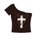 Fake two cross printed slanted shoulder short sleeved t-shirts