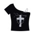 Fake two cross printed slanted shoulder short sleeved t-shirts