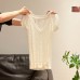 Knit Top with Hollow-out Cable Knit V-Neck in Off-white