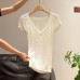 Knit Top with Hollow-out Cable Knit V-Neck in Off-white
