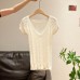 Knit Top with Hollow-out Cable Knit V-Neck in Off-white