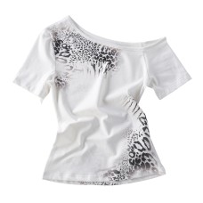 Slant shoulder leopard print slim fit and slimming short top