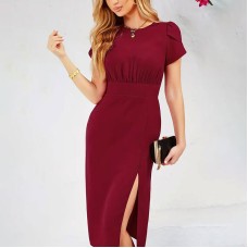 Elastic waist slit pleated dress