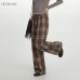 Plaid Casual Pants Women Vintage Straight Loose Wide Leg Pants