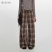 Plaid Casual Pants Women Vintage Straight Loose Wide Leg Pants