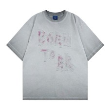 Washed hand drawn letter stickers embroidered loose short sleeves