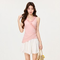 Sweet Style Pink Cross V-Neck Sweet Strapless Top