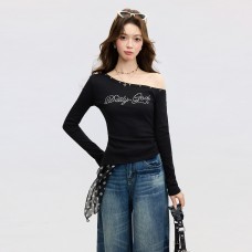 Edgy Asymmetrical Off-Shoulder Studs Rhinestone Long Sleeve
