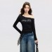 Edgy Asymmetrical Off-Shoulder Studs Rhinestone Long Sleeve