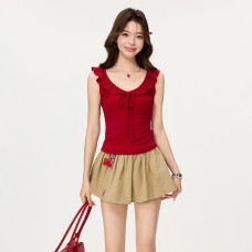 Cute Red Ruffle Sleeveless Crop Top for Women