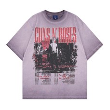 Rock Band Letter Printed Hot Diamond Washed Round Neck Short Sleeve