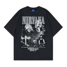 Rock Band Printed Letter Hot Diamond Washed Round Neck Short Sleeve