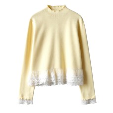Floral Ruffle Embroidered Lace Hem Thick Knit Inner Layer Top