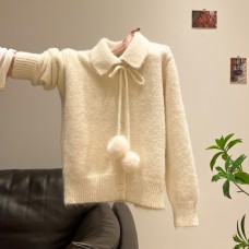 Red Long Sleeve Pom-Pom Thick Knit Sweater Coat