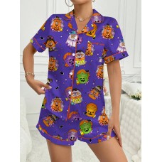 Halloween-themed Milk Silk Short Sleeve amp; Shorts Pajama Set, Comfortable Sleepwear for Home Wear