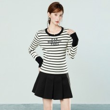 Black Apricot Striped Color-Blocked Crew Neck Long Sleeve