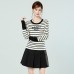 Black Apricot Striped Color-Blocked Crew Neck Long Sleeve
