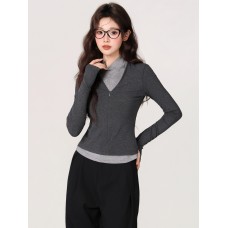 Grey Half-High Neck Faux Two-Piece Long Sleeve T-Shirt