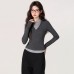 Grey Half-High Neck Faux Two-Piece Long Sleeve T-Shirt