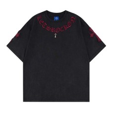 Embroidered metal cross washed short sleeved shirt with letters Embroidered metal cross washed short sleeved shirt with letters
