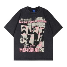 Rock band character print washed and worn short sleeved shirt