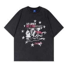 Character letters star prints spray painted washed and worn short sleeves