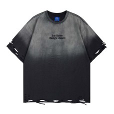 Embroidered gradient letters washed with water worn out perforated short sleeves